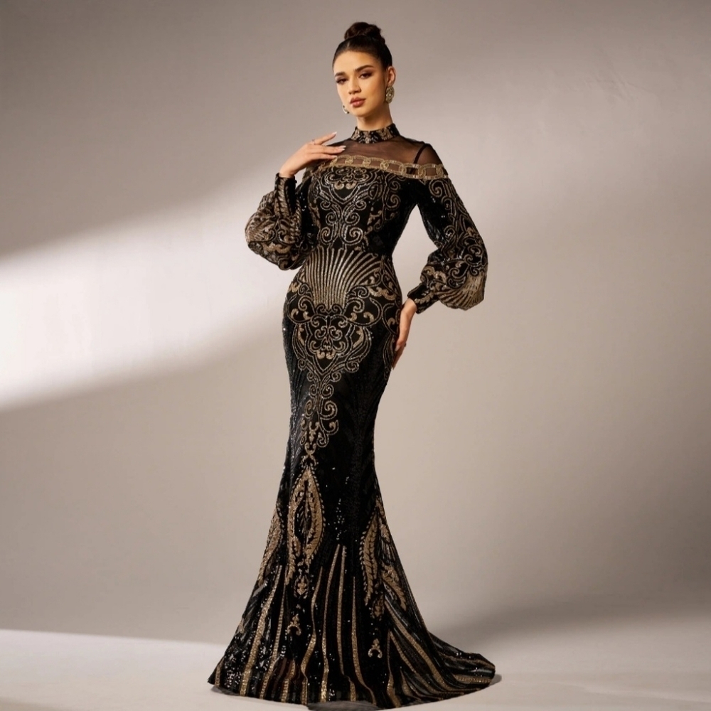 Black Embellished Backless Gown with Bishop Sleeves- CUSTOM MADE - Picture 5 of 15